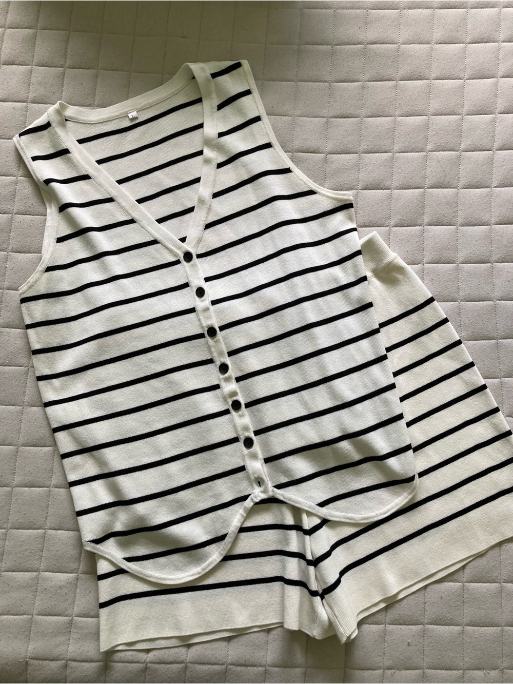 Women’s Black/White Striped Sleeveless Button Down Tank w/ Matching Shorts
